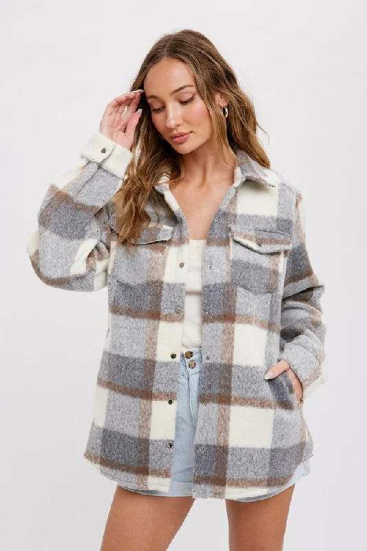 Button Up Shirts for Classic -Grey Plaid Fleece Shirt Jacket