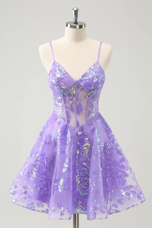 Orange Dresses for Energetic -Sparkly Lilac A-Line Spaghetti Straps Sequins Corset Homecoming Dress