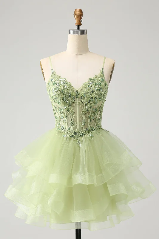 Satin Dresses for Shiny Look -Light Green A-Line Tulle Tiered Homecoming Dress with Appliques