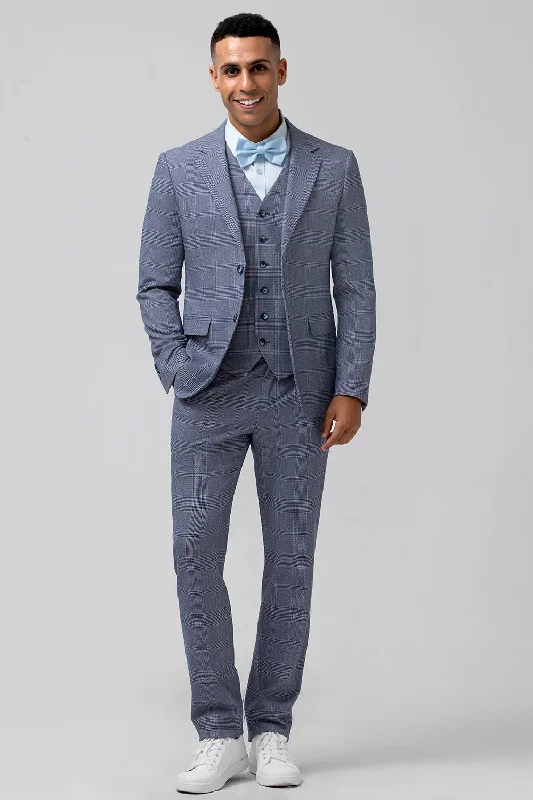 Party Dress for Prom Night -Grey Blue Plaid Notched Lapel Double Breasted 3 Piece Men's Prom Suit