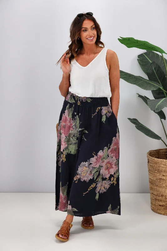 Tight trousers for women with elastic waistband for comfortable all-day wear -Cali & Co Wide Leg Linen Floral Pant Navy