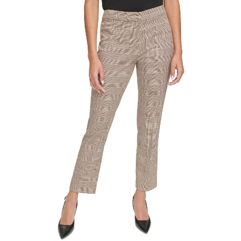 Cozy tight trousers for women with fleece-lined fabric for warmth during cold weather -Calvin Klein Womens Petites Mid-Rise Glen Plaid Straight Leg Pants