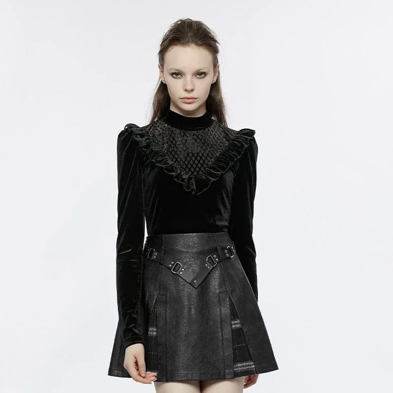 Party Blouses for Night Out -Women's Gothic Stand Collar Ruffled Velvet Shirt