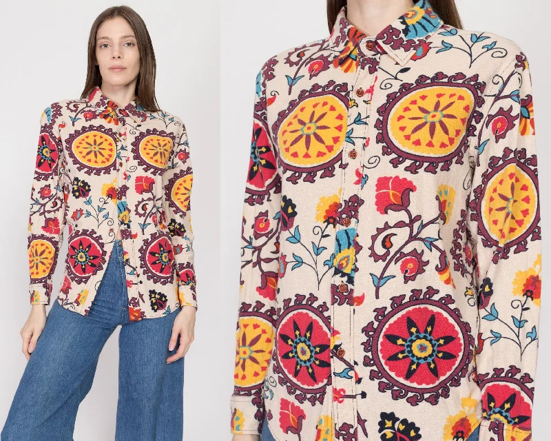 Ethnic Blouses with Tribal Design -Medium 70s Psychedelic Floral Cotton Button Up Shirt