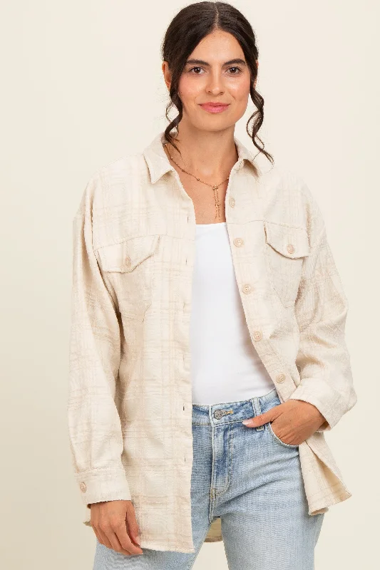 Clip On Blouses for Non Pierced -Ivory Plaid Textured Shirt Jacket