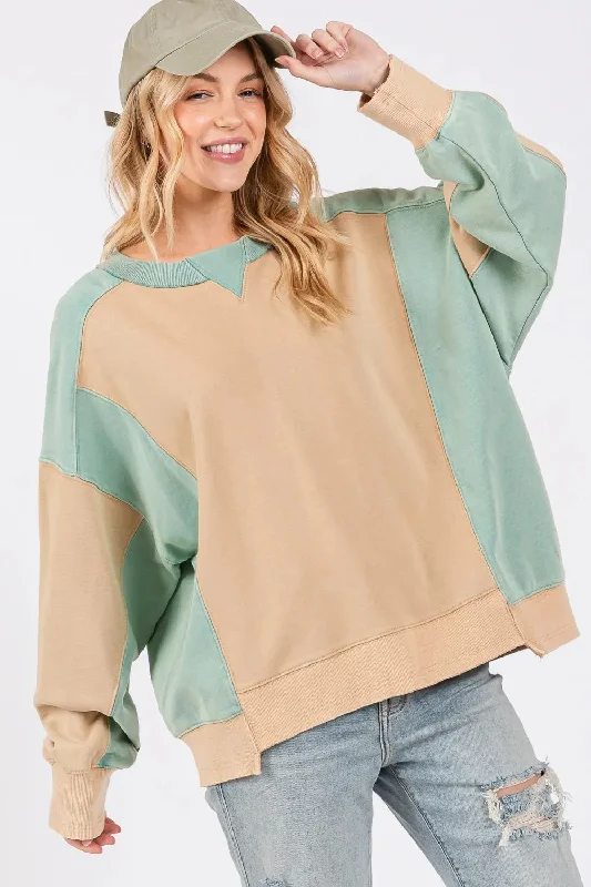 Vintage Blouses for Nostalgia -SAGE  FIG Color Block Round Neck Sweatshirt