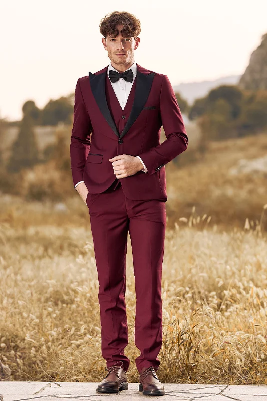 Party Dress for Modern Party -3 Pieces Peak Lapel Burgundy Men's Prom Suits