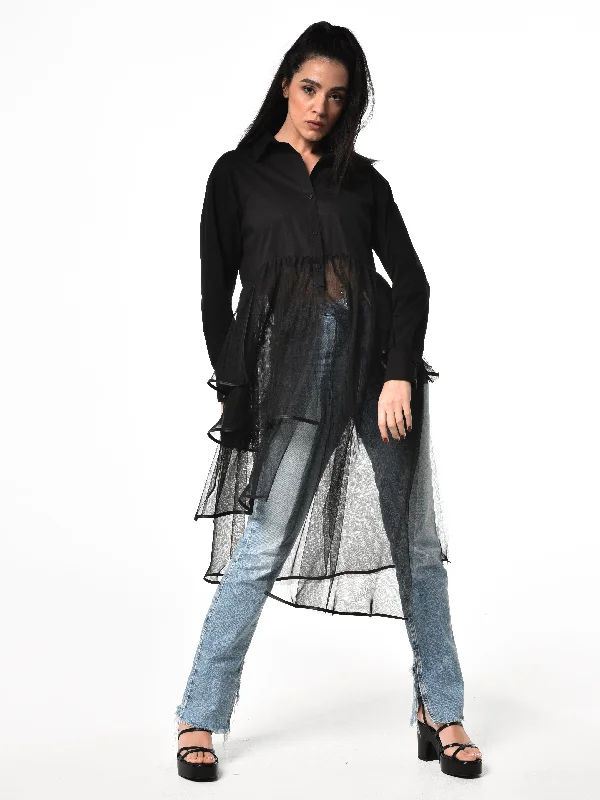 Gothic Blouses with Dark Tone -Avant Garde Shirt With See Through Tulle