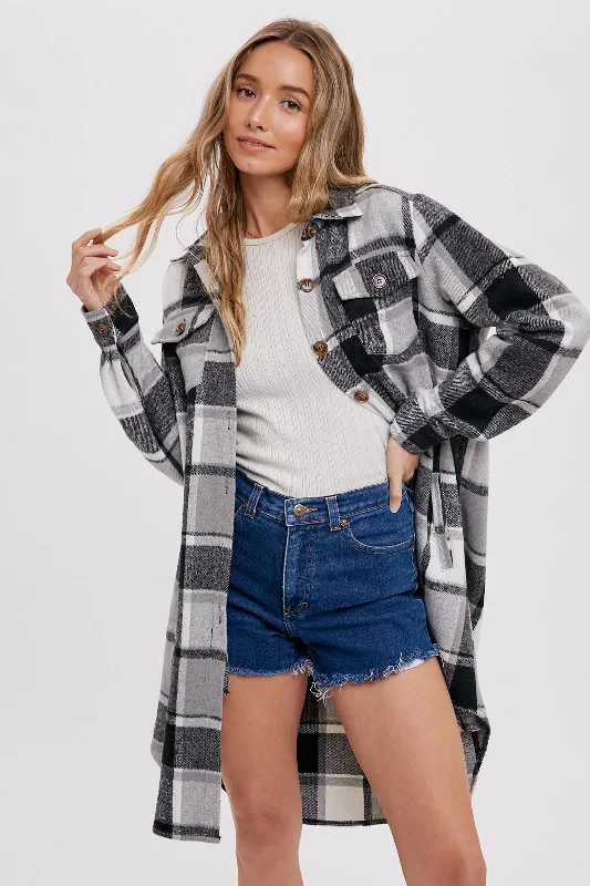 Hippie Blouses with Beads -Black Plaid Fleece Long Shirt Jacket