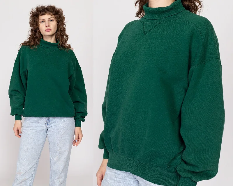 Chambray Shirts for Soft -XL 90s Green Turtleneck V Stitch Sweatshirt