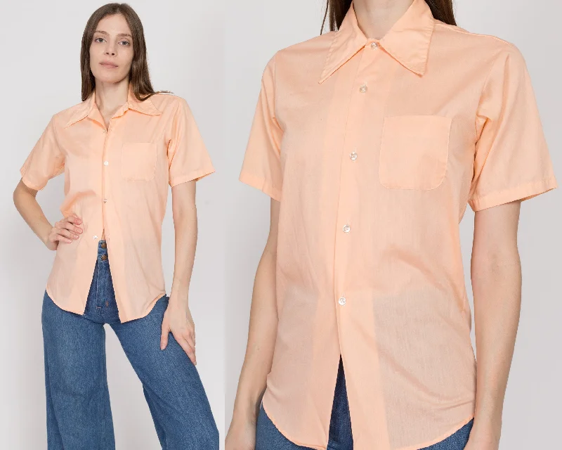 Vintage Blouses for Nostalgia -XS 70s Pastel Orange Short Sleeve Collared Shirt