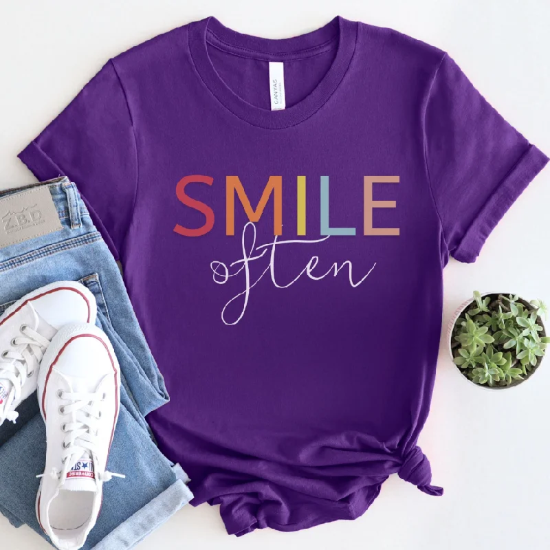 Petite Blouses for Small -Often Smile Shirt Digital Printing Casual Round Neck Short Sleeves T-shirt