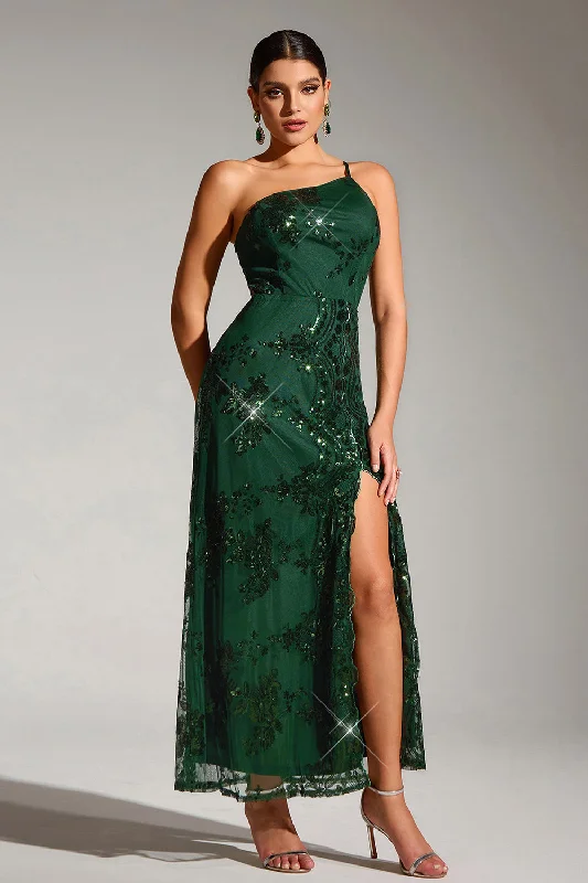 Animal Print Bodice Party Dress for Fun -Sparkly Dark Green One Shoulder Mermaid Sequin Long Party Dress with Slit