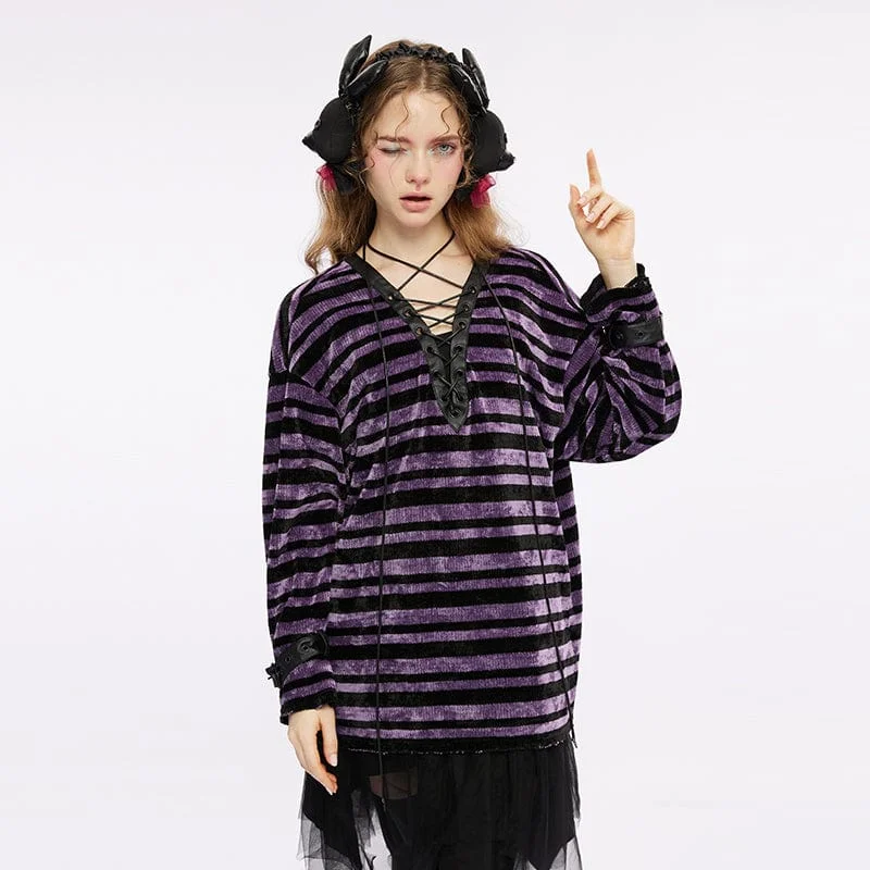 Sheer Blouses for Alluring -Women's Grunge Strappy Plunging Stripes Shirt