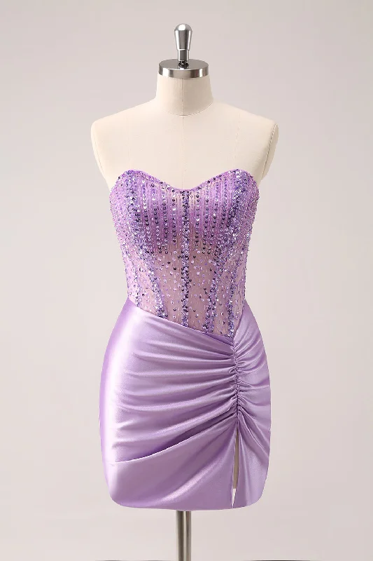 Linen Dresses for Breathable -Sparkly Beading Lilac Corset Short Tight Homecoming Dress