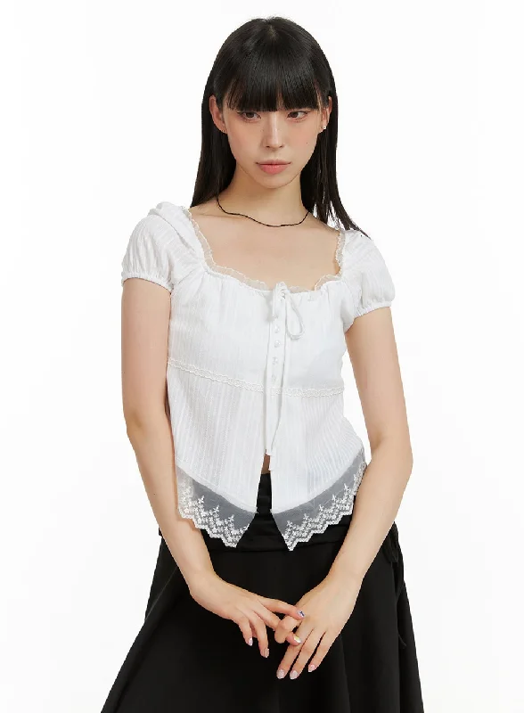 White Blouses for Pure Look -Lace Hem Cotton Ribboned Square Neck Shirt CU425