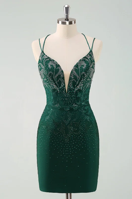 Rhinestone Dresses for Bling -Dark Green Bodycon Spaghetti Straps Short Homecoming Dress with Beading