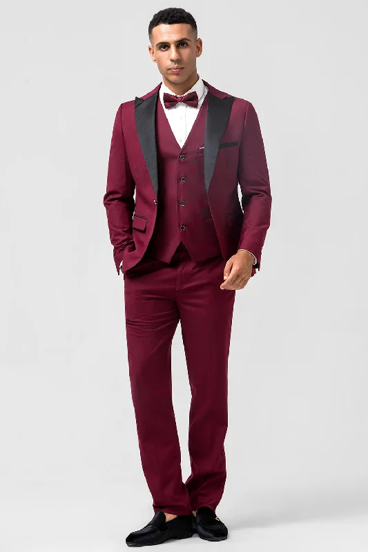 Short Sleeve Party Dress for Casual -Burgundy 3 Pieces Peak Lapel Men's Prom Suits