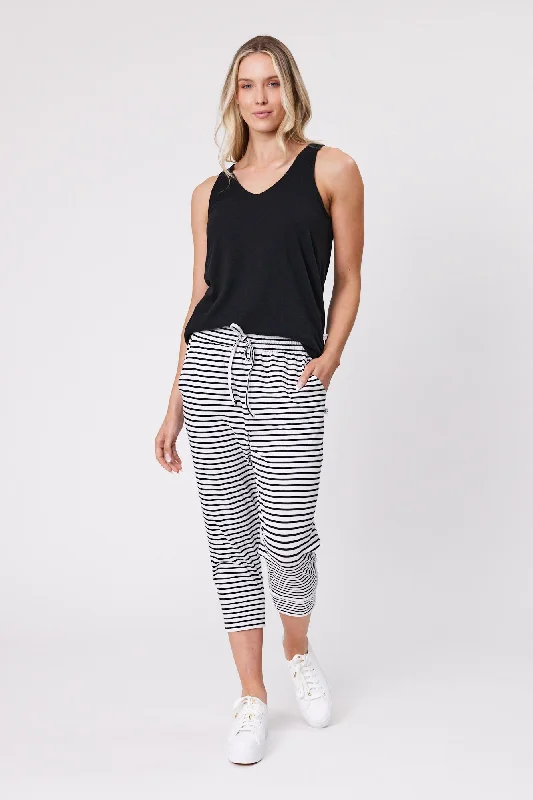 Designer tight trousers for women with unique stitching and high-fashion appeal -Shine On Essentials Stripe Pant White Black Stripe