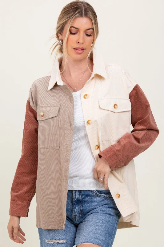 Henley Shirts for Relaxed -Ivory Corduroy Colorblock Oversized Shirt Jacket