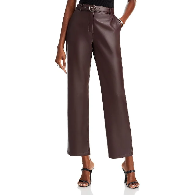 Black leather tight trousers for women with sleek, glossy finish for night out -T Tahari Womens Faux Leather Slim Straight Leg Pants