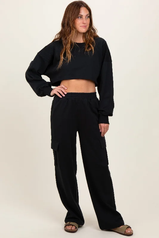 Tarnish Resistant Blouses for Long -Black Oversized Crop Sweatshirt Cargo Sweatpant Set