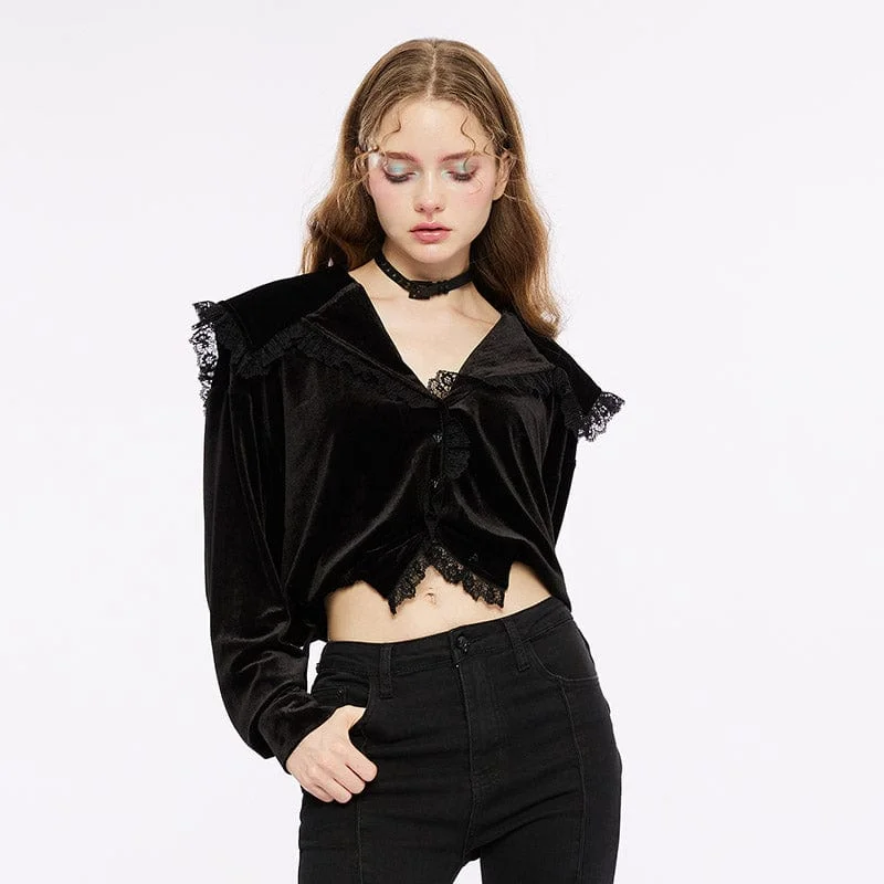 Off Shoulder Blouses for Sexy -Women's Gothic Plunging Lace Splice Velvet Shirt