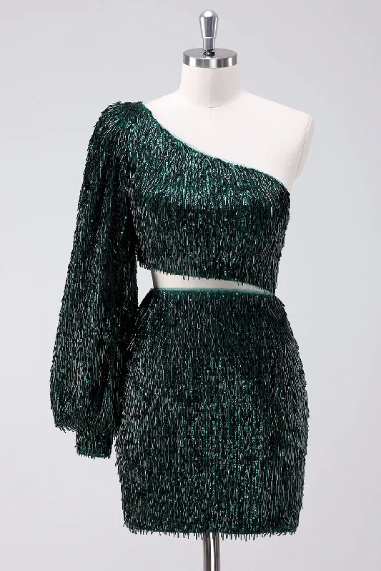 Casual Dresses for Everyday -Sparkly Dark Green One Shoulder Tight Short Homecoming Dress with Tassels