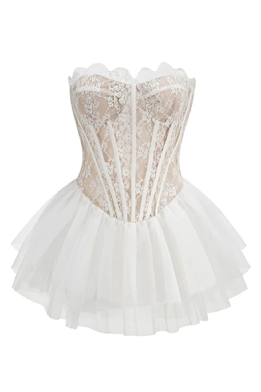 White Party Dress for Elegant Style -White Lace A-Line Strapless Corset Strapless Tiered Short Party Dress