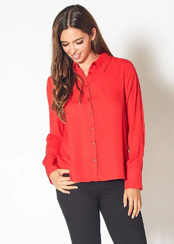 Long Sleeve Blouses for Coverage -Women's Button Up Basic Everyday Shirt in Bright Red