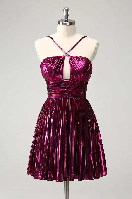 Fashionable Dresses for Style -Purple A Line Halter Pleated Short Homecoming Dress With Hollow Out