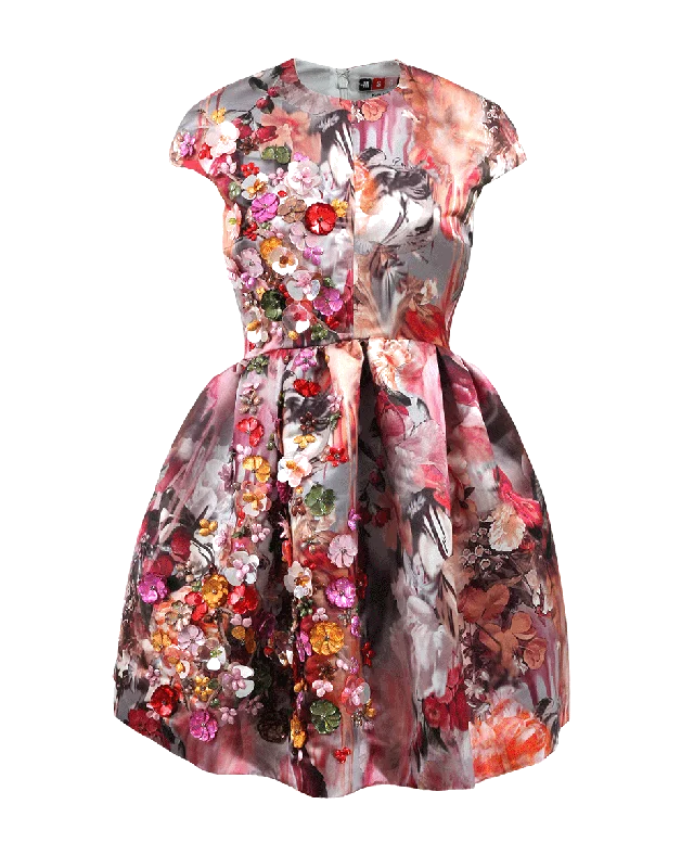 Beaded Dresses for Glamour -Floral Printed Techno Duchesse Dress