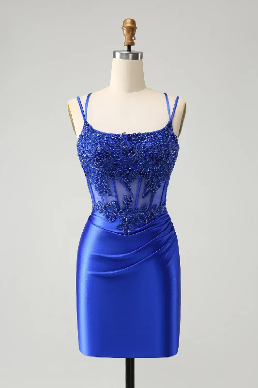 Purple Dresses for Royalty -Royal Blue Corset Spaghetti Straps Tight Homecoming Dress