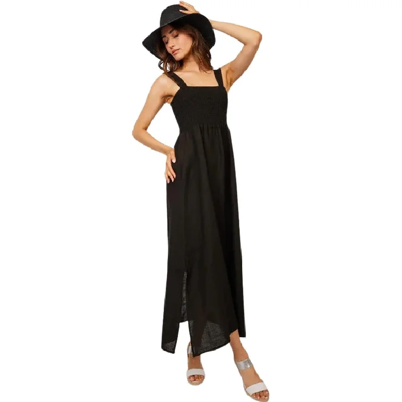 Wrap Dresses for Adjustable -Maxi Linen Bunched Top Sleeveless Dress (Black)