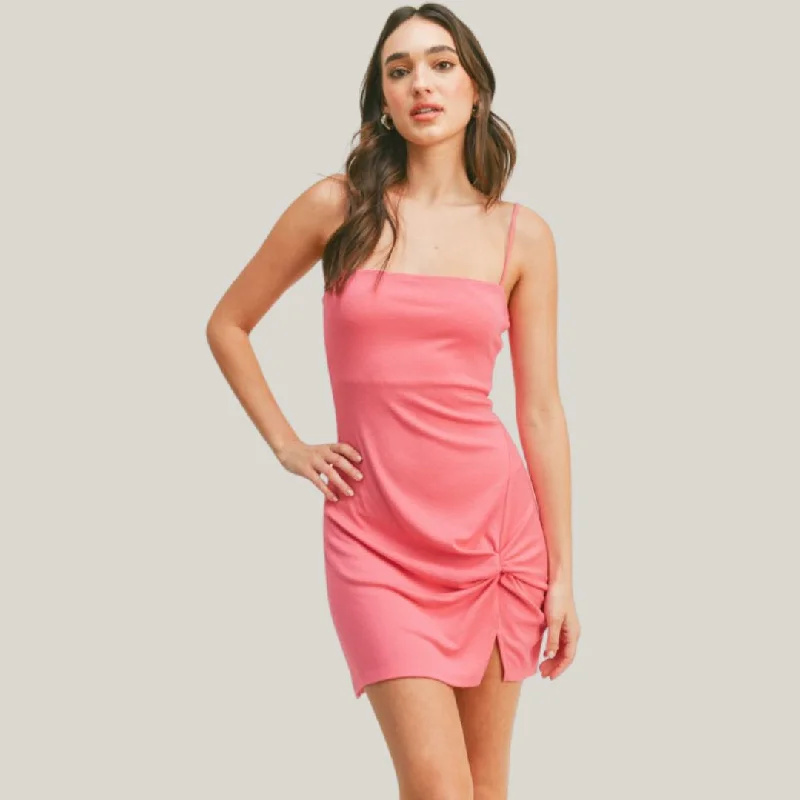 Polyester Dresses for Durable -Twist Front Knit Midi Dress (Pink)