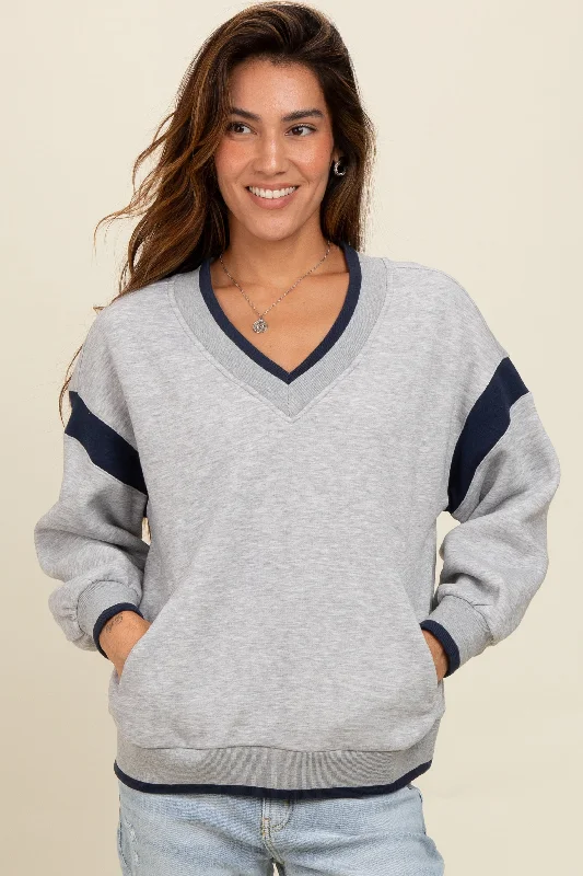 Screw Back Blouses for Security -Heather Grey Contrast Sleeve V-Neck Sweatshirt