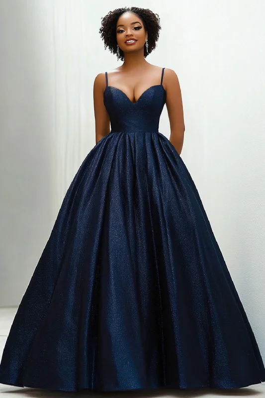 Party Dress for Christmas Party -Sweetheart Navy Spaghetti Straps Long Satin Ball Gown with Side Invisible Pockets