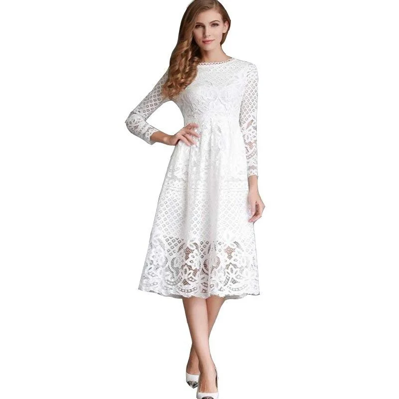 Gold Party Dress for Glamorous Look -Summer Fashion Hollow Out White Lace Long Party Dress for Women